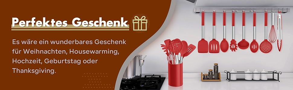 Набір кухонного приладдя Homikit 10 шт. силіконове з нержавіючої сталі, червоний - антипригарне, жаростійке, для посудомийної машини