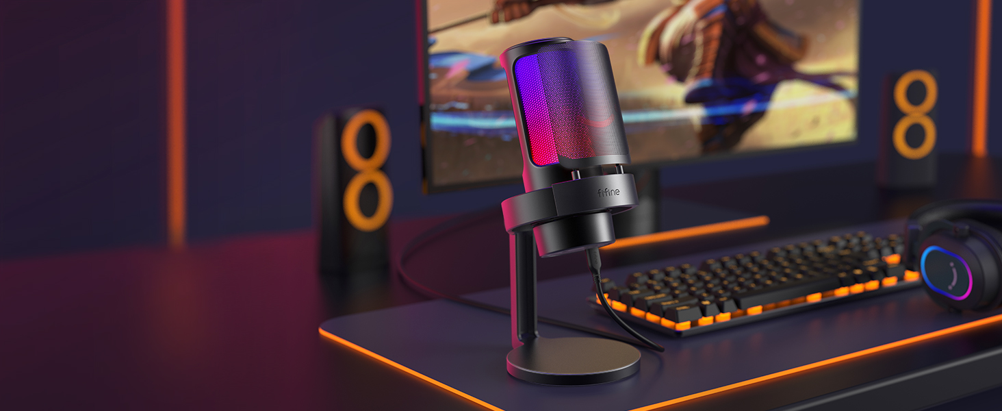 FIFINE USB мікрофон для ПК, геймінгу, стрімінгу та запису, з RGB підсвічуванням, PS4/PS5, MAC, з поп-фільтром, чорний