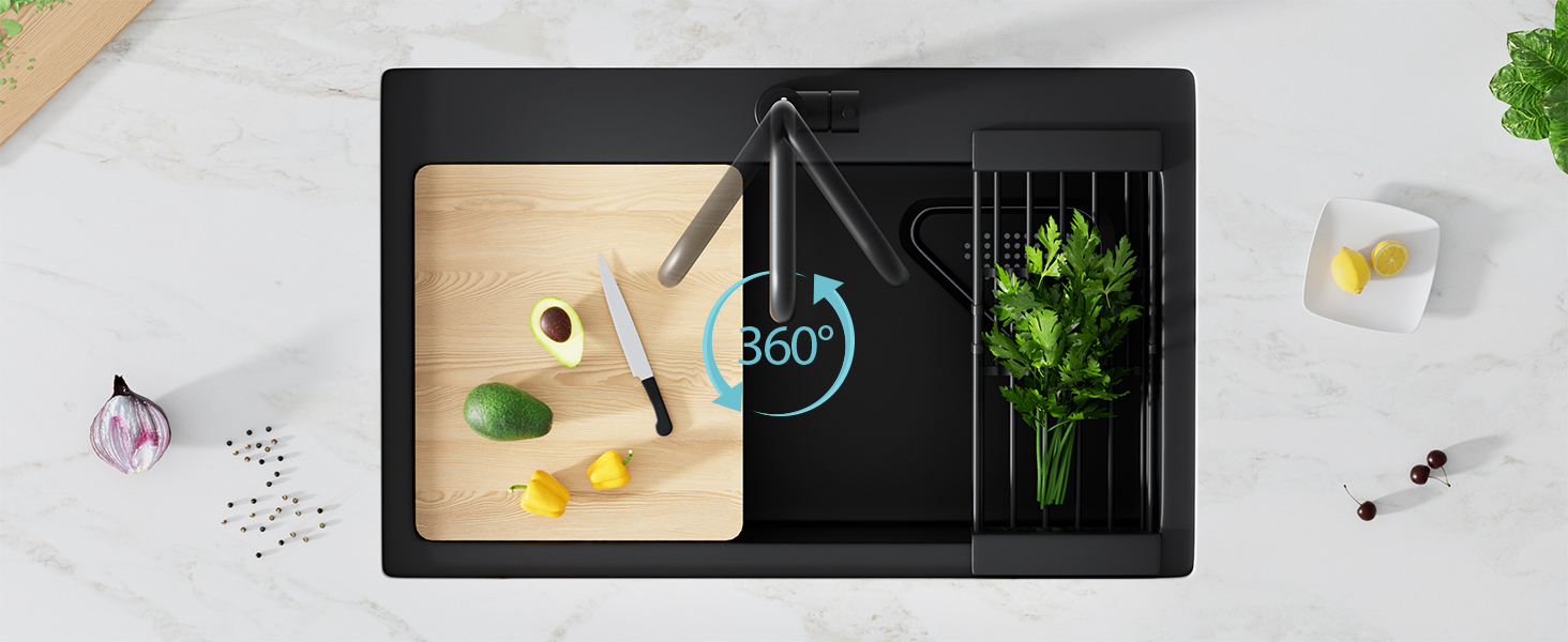 Змішувач кухонний FORIOUS, поворотний 360°, L-подібний, для 1 отвору, матовий чорний