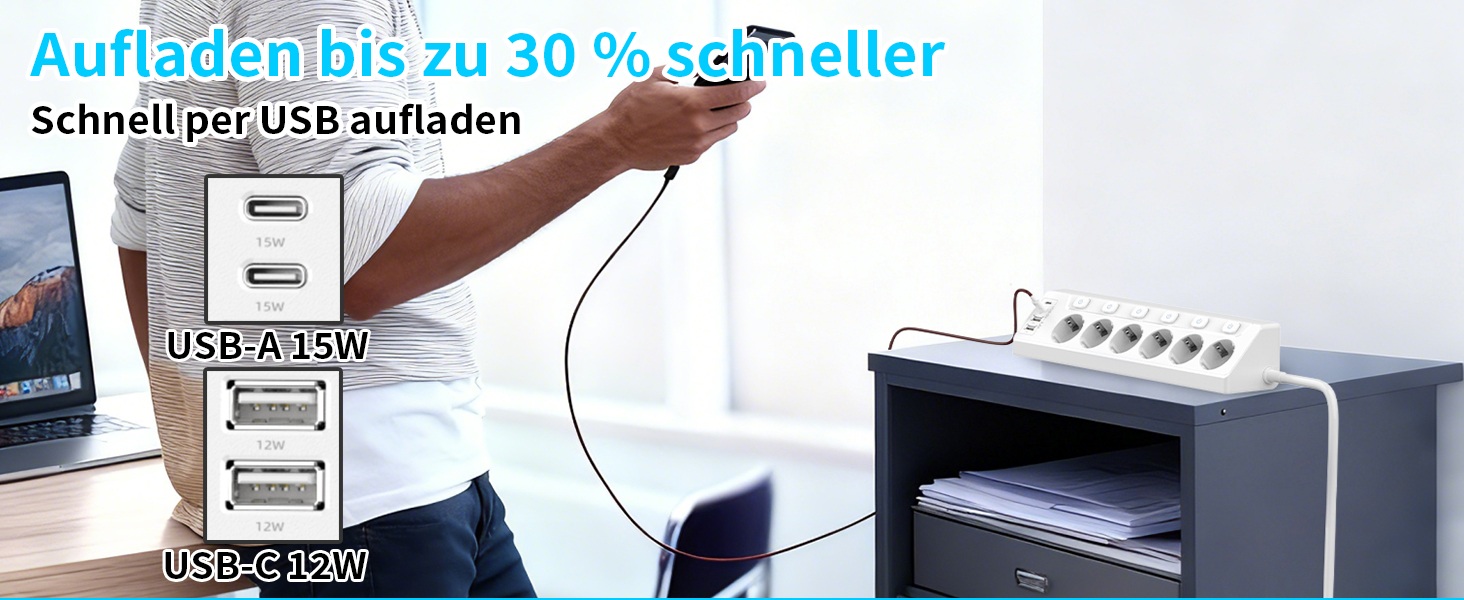 Розподільник розеток з захистом від перенапруги, 6 розеток, USB-C, 2м кабель, 4000W, 16A, для кухні, дому, офісу (білий)