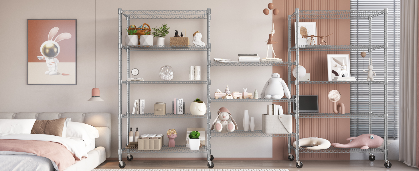 Himimi 5-Tier Rolling Wire Shelving Unit with Adjustable Height and Leveling Feet
