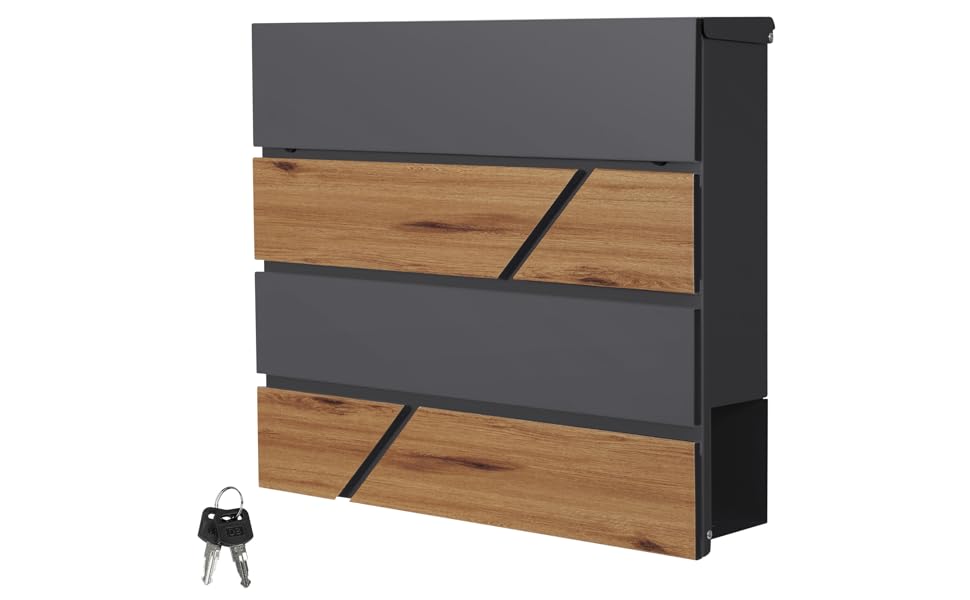 Поштовий ящик ML-Design Anthrazit/Ефект дерева Дуб, сталь, 37x37x11 см. Сучасний настінний поштовий ящик з газетницею, з замком та 2 ключами.