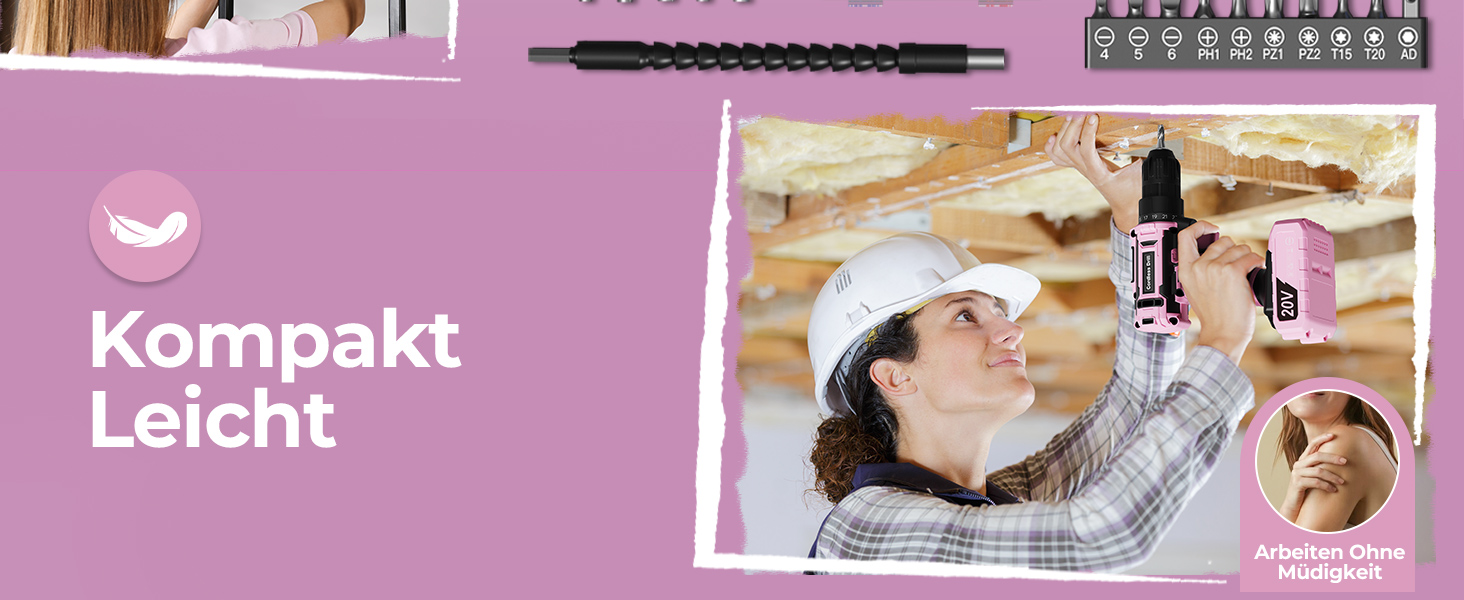 Акумуляторний шуруповерт 20V з набором аксесуарів 85 шт. (85tlg), 42Н.м, 2000mAh, 25+1 момент, 10мм патрон, легкий, LED, рожевий (для подарунка на День святого Валентина)