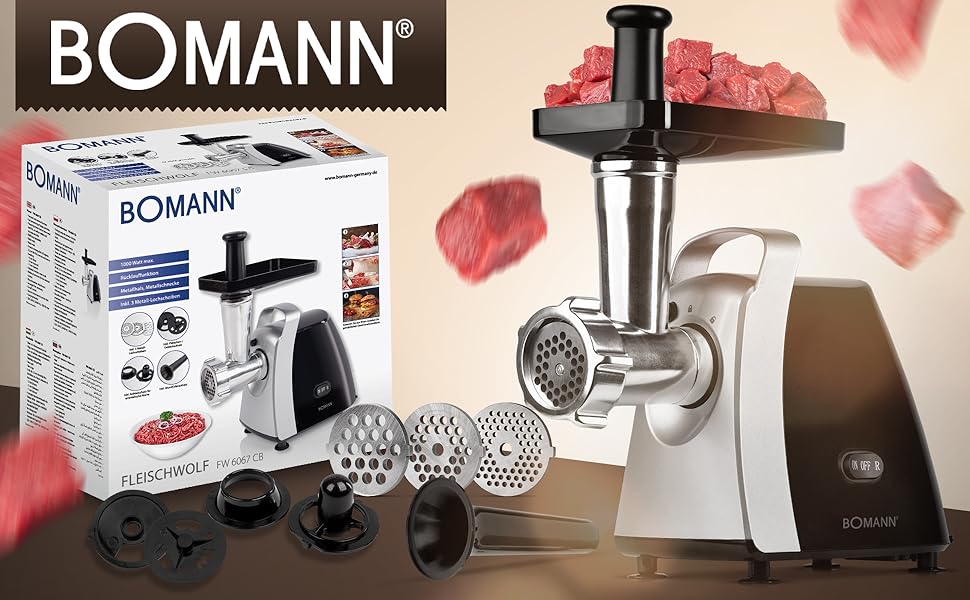 М'ясорубка електрична Bomann® FW 6067 CB Edelstahl (1000W) з насадкою для печива та вареників, 3 металеві диски, функція реверсу, набір для фаршу, нержавіюча сталь, модель 2024