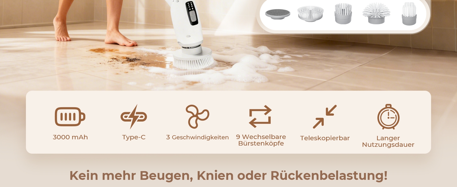 Електрична щітка для прибирання 9 в 1 з набором насадок, 70 хв зарядки, для ванної, плитки, авто, біла