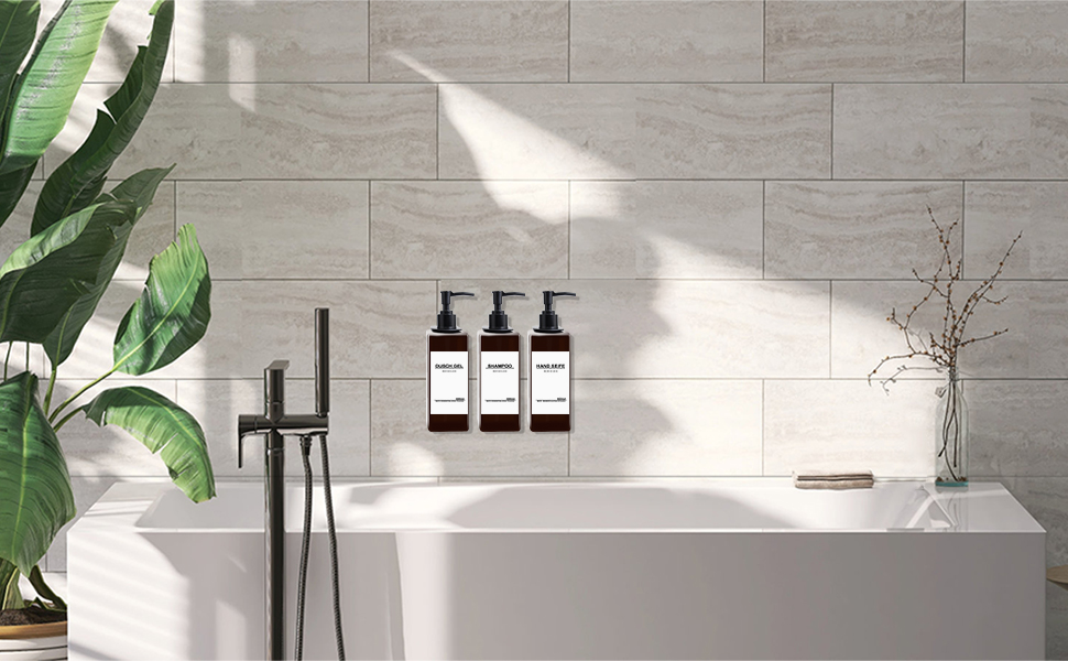 Набір з 3 дозатори мила Roselee для кріплення на стіну, 500 мл, без свердління, для душу, шампуню, гелю для ванни, з етикеткою, для ванної кімнати, кухні (Колір: Коричневий)