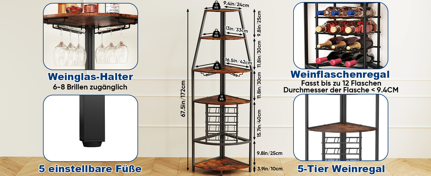 Стеллаж для вина Nisorpa на 12 пляшок, 5-ярусний кутовий, з тримачем для келихів, вінтажний коричнево-чорний
