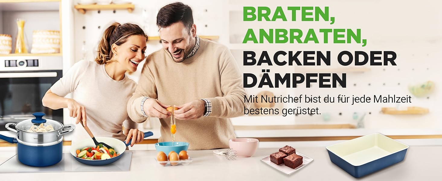Набір кухонного посуду NutriChef 54 елементи – сковороди, каструлі, аксесуари, з ножами, формами для випічки – для Induktion, газу та електро – здорове та знежирене приготування їжі