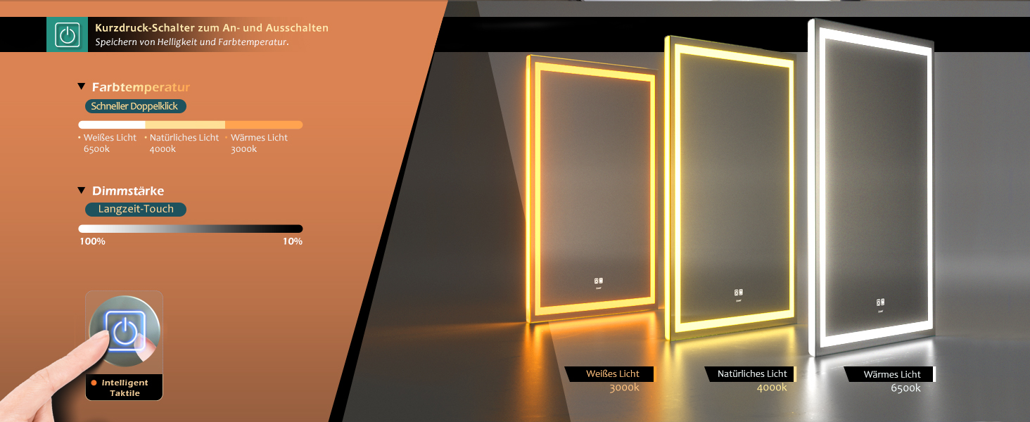 Дзеркало для ванної кімнати LED з підсвічуванням, туалетне дзеркало настінне, 6500K, антитуманне, водонепроникне IP44, вертикальне/горизонтальне (70 x 50 см)
