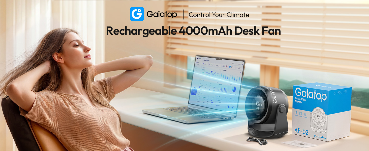Акумуляторний настільний вентилятор gaiatop, тихий USB-C вентилятор з 5 швидкостями, LED-дисплеєм та сенсорним керуванням, нахил 90°, 4000mAh, чорний