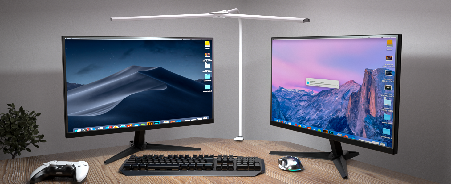 LED лампа настільна для офісу та дому, світло для монітора, 1400 люмен, регульована яскравість, кріплення-прищіпка, світло для робочого місця, гнусий шийка, подвійний насадка, 5 режимів кольору та рівнів яскравості, білий колір, 64 см