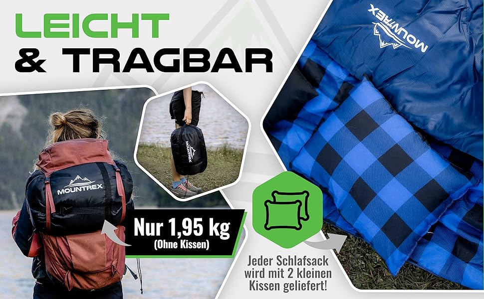 Mountrex Double Sleeping Bag - Summer Sleeping Bag for 2 People (210 x 150cm) - Double Sleeping Bag - XXL Summer Sleeping Bag with 2 Pillows for Adults - Camping, Outdoor & Indoor Use - Black