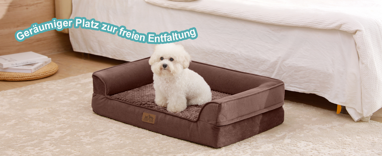 Ортопедичне ліжко для собак маленьких порід, водонепроникне диван-ліжко з бортиками, з підтримуючою піною, зручне ліжко для домашніх тварин з знімним, пральним чохлом, водонепроникний наповнювач, антиковзаюче покриття (107 x 76 x 19 см, Колір: Коричневий)