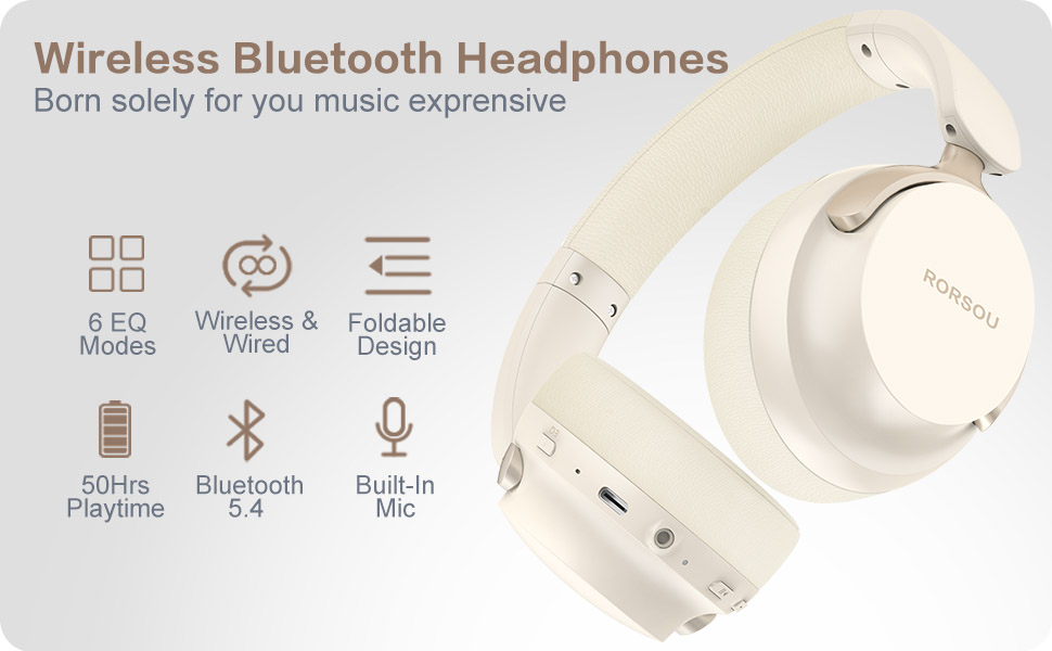 RORSOU B8 Бездротові навушники Over-Ear Bluetooth з мікрофоном, 6 режимів EQ, 50 годин роботи, глибокий бас, Hi-Fi стерео, для iPad/Tablet/PC (Бежево-Білий)