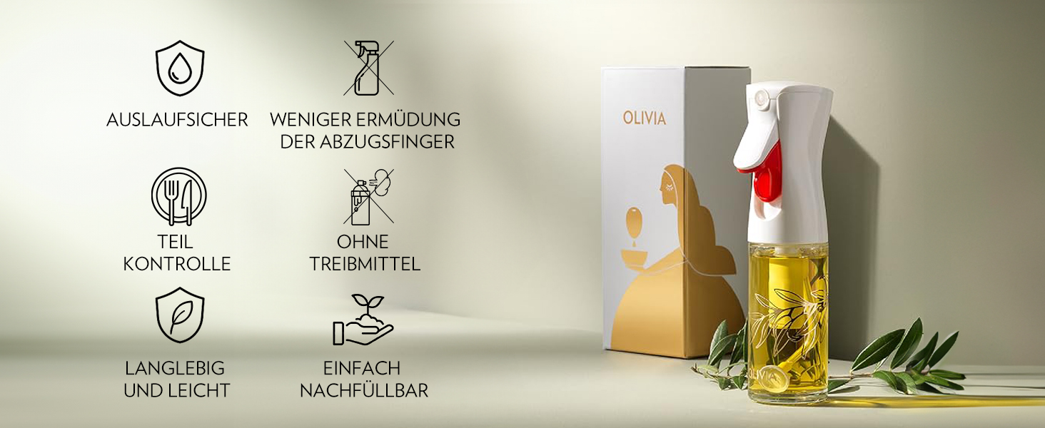 Розпилювач олії Flairrosol Olivia 130 мл зі скляною пляшкою, золотий колір. Дозатор для олії з контролем порцій для кухні, салатів, грилю та випічки