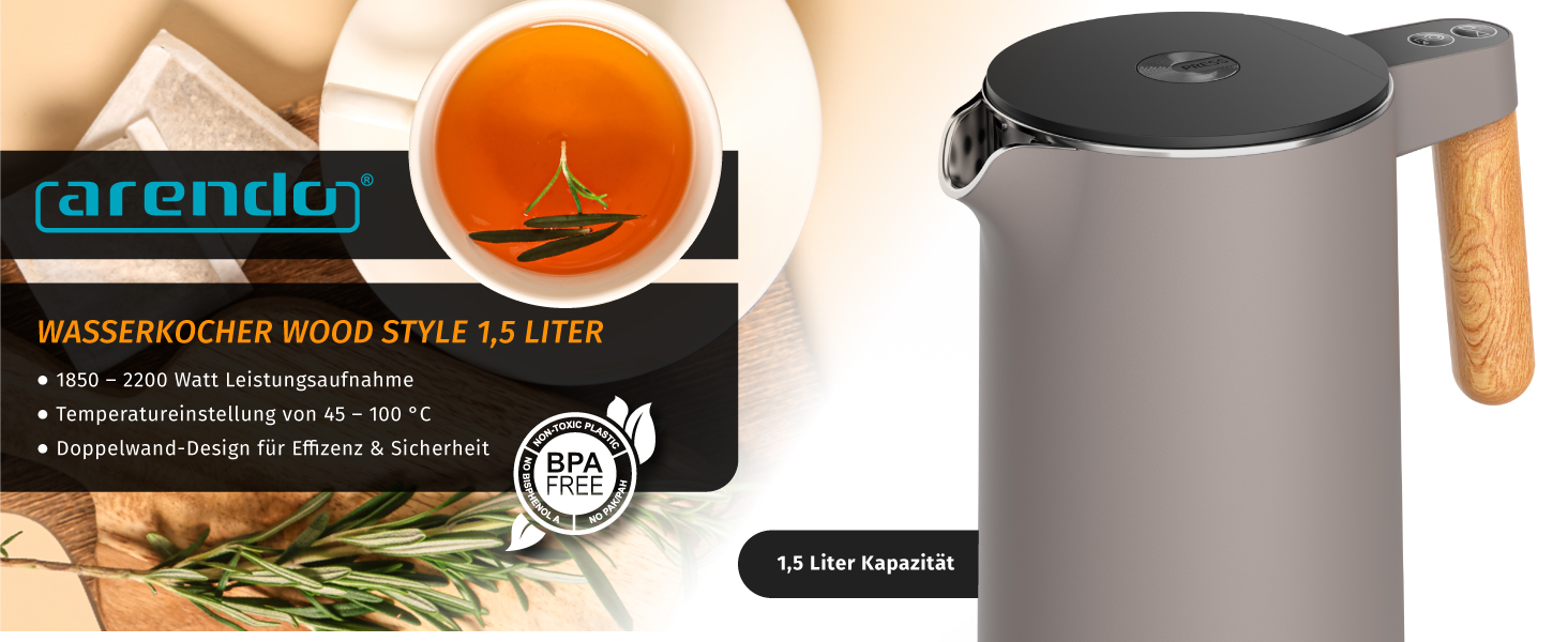 Електричний чайник Arendo з регулюванням температури, 1.5 л, нержавіюча сталь, подвійні стінки, BPA free, функція підтримки тепла, Cool Touch, Taupe C