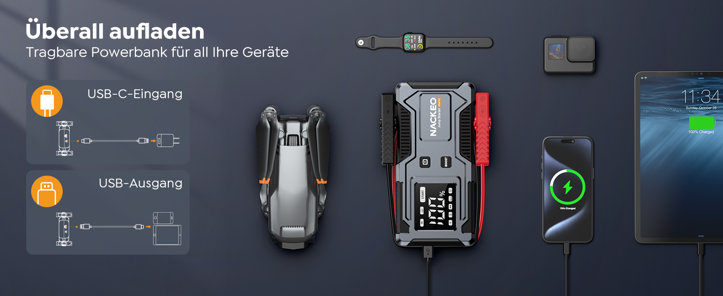 Powerbank Starthilfe 6000A: Зарядний пристрій для автомобіля 12V з кабелем, LED-лампа та дисплеєм (до 9L бензин, 7L дизель) - для SUV, мотоциклів, газонокосарок