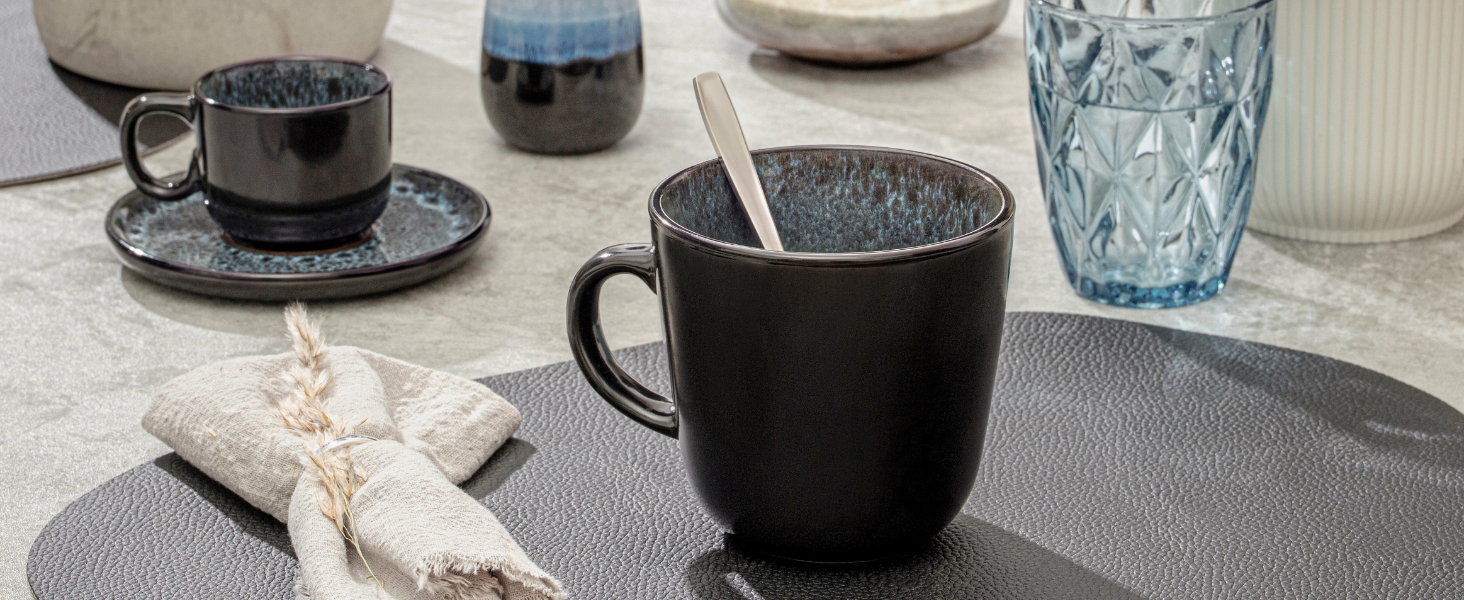 Набір посуду SÄNGER Manila 24 частини: 6 тарілок, 6 сніданок, 6 глибоких тарілок, 6 мисок для пасти, блакитний з чорним обідком, кераміка для 6 осіб