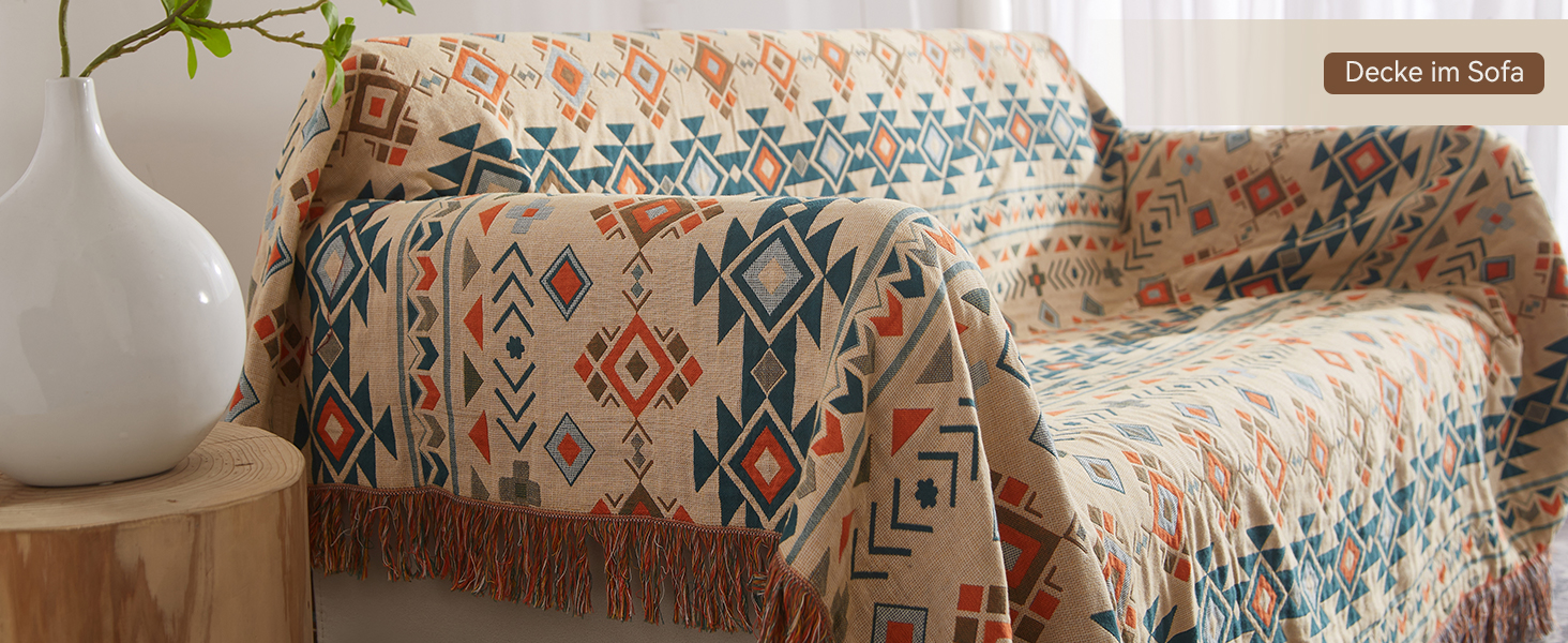 Плед Boho Softexly з 100% бавовни – двостороння муслінова ковдра 150x200 см, м'який плед на диван та покривало на ліжко, естетичний дизайн, ідеально для вітальні та спальні, помаранчево/блакитний (150 x 200 см, стиль модерн)