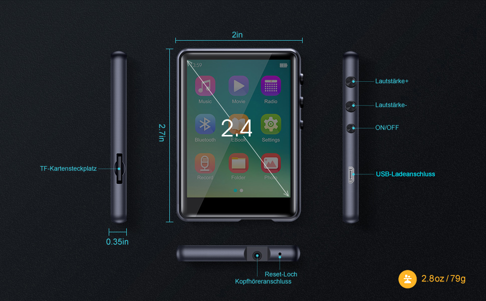 MP3 плеєр 64GB Bluetooth 5.3 HiFi з металевим корпусом, радіо FM, диктофон, сенсорний екран 2.4