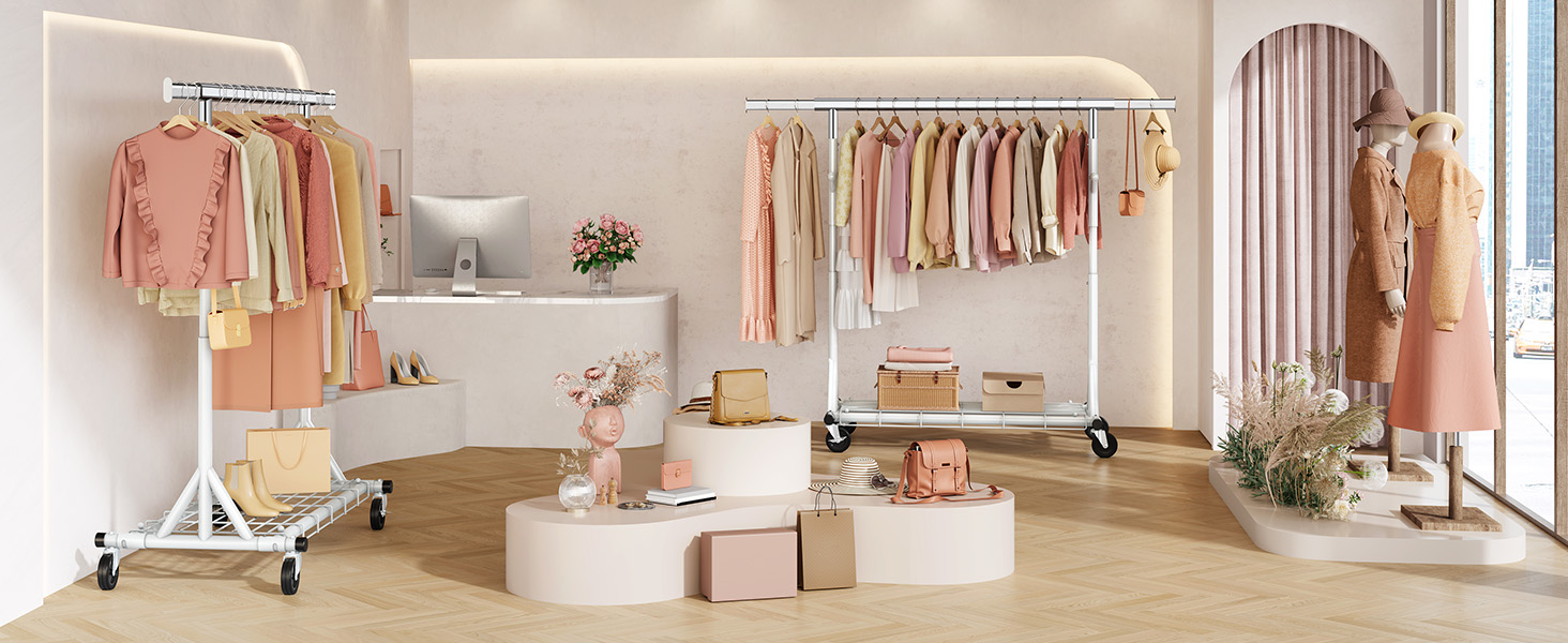 Стійка для одягу на колесах FAVOOOSTY, металева, мобільна, до 200 кг, швидка збірка, білий колір, 1 перекладина