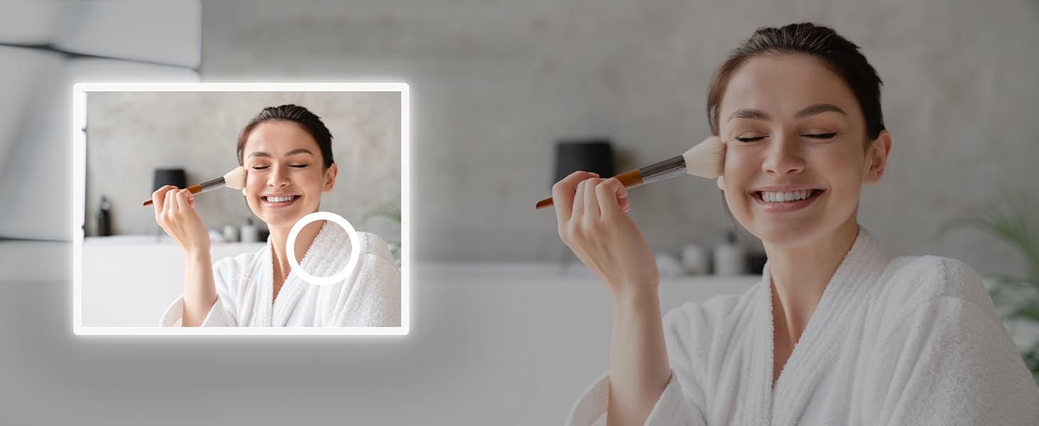 Дзеркало для ванної кімнати SONNI з підсвічуванням 80x60 см, 3 кольори світла, проти запотівання, LED, сенсорна кнопка, годинник, температура, 3-кратне збільшення