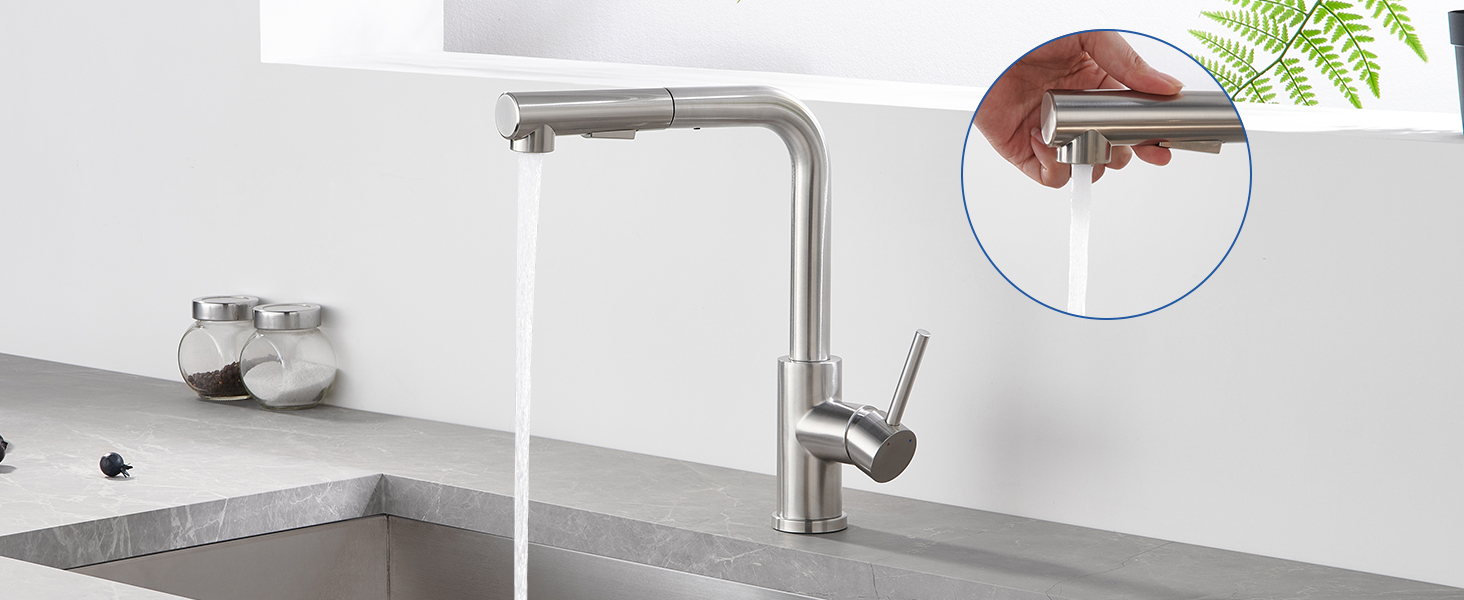 Висувна кухонна змішувач з душем, 360° поворот, нержавіюча сталь, 2 режими струменя, кухонна змішувач преміум-класу, сріблястого кольору