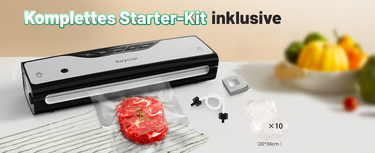 Вакуумний пакувальник Raycial 5-в-1: для сухої/вологої їжі, консервів, з набором пакетів та ріжучим ножем, чорний