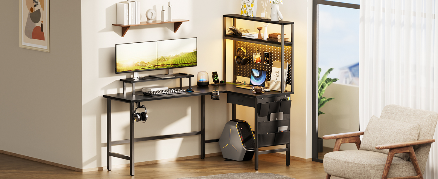 Ігровий стіл кутовий 150x100 см з 3 розетками та 2 USB, реверсивний, з LED підсвічуванням, з ящиками та підставкою для монітора, чорний