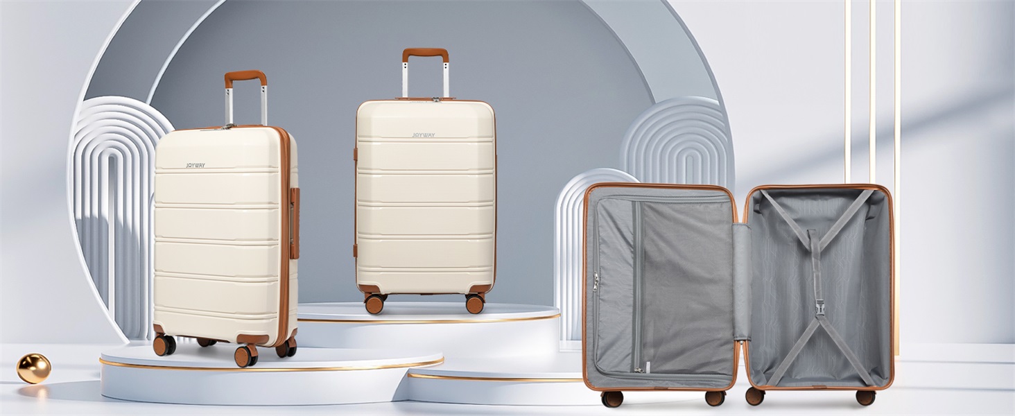 Набір валіз Joyway 5шт з жорстким корпусом, 4 колеса та TSA-замок. В комплекті: косметичка та сумка. Колір: білий/коричневий