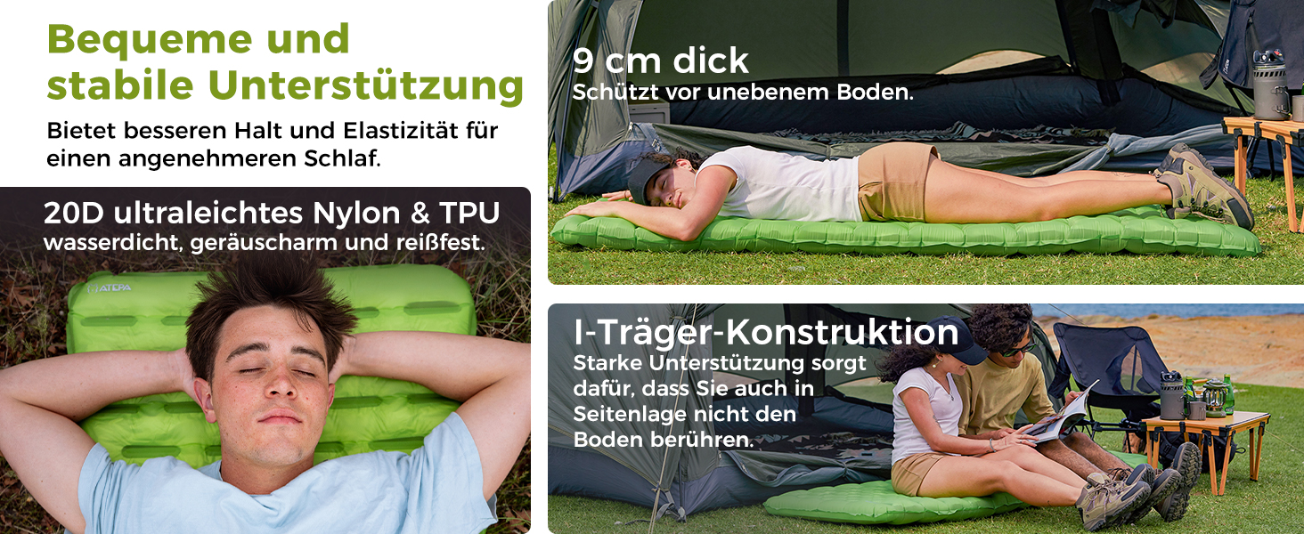 ATEPA ThermAir ізомат для кемпінгу та трекінгу, 6R, R-значення 6.6, 7 камер, компактний, з сумкою, 9см товщина, 9см зелений