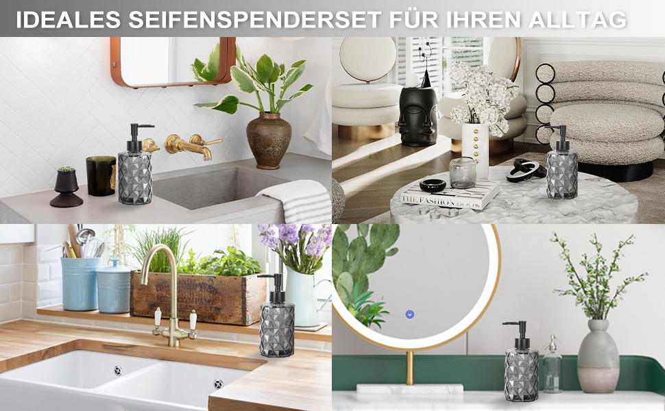 Дозатор мила чорний, скляний дозатор для ванної кімнати, наповнюваний дозатор з нержавіючою сталею, 2 підставки, 330 мл, вінтажний дизайн