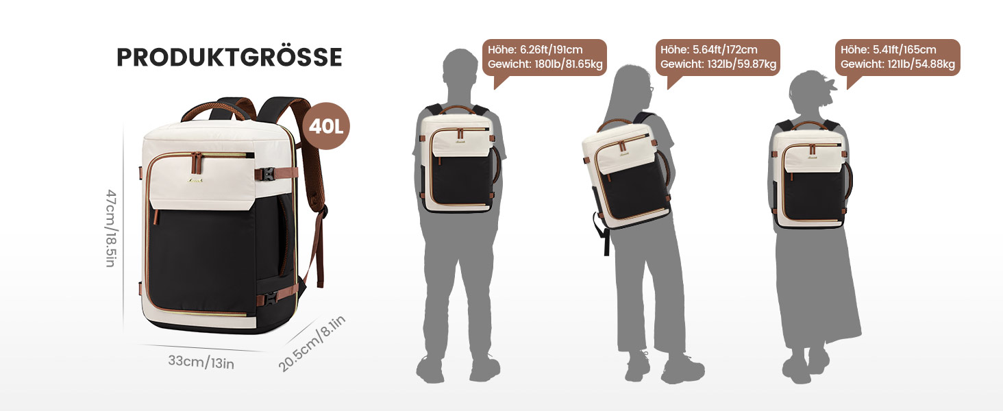 LOVEVOOK Рюкзак для ручної поклажі, жіночий, 50L, для подорожей, бізнесу, школи (40L, чорний+бежевий+коричневий)