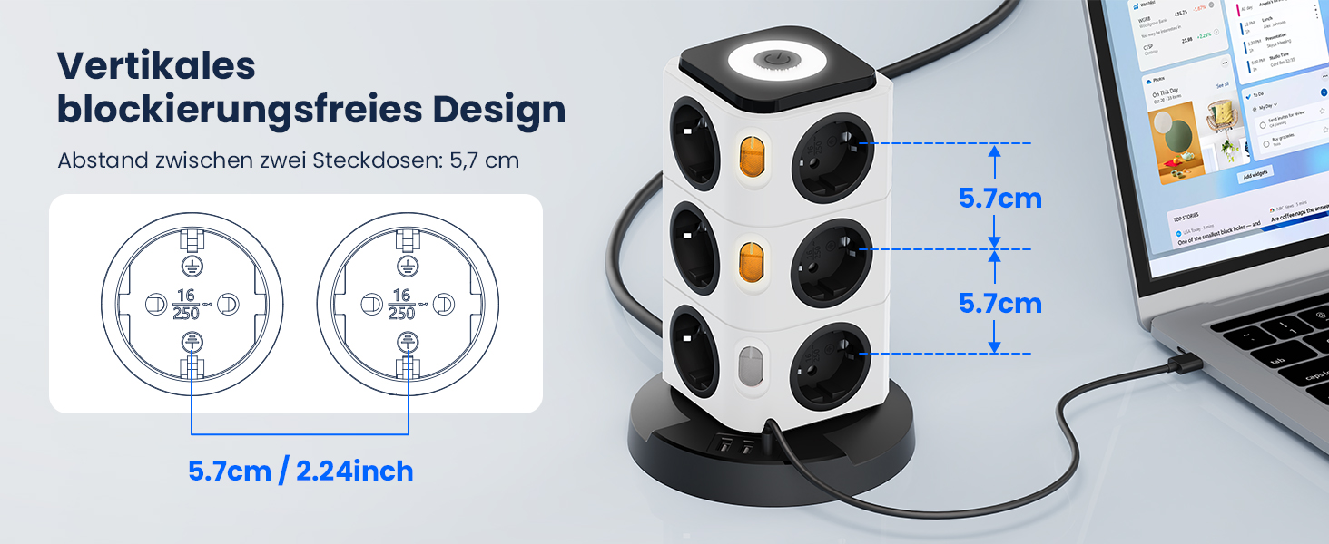 Багаторозетка Acodot Tower з USB, 12 розеток, захист від перенапруги, 4 вимикачі, нічник, 3 USB порти, кабель 3м, 2500W, для офісу, білий