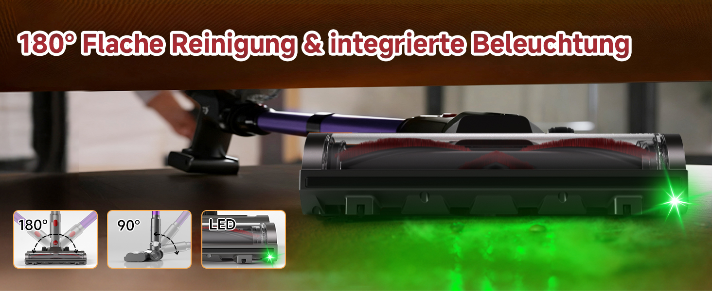 Бездротовий пилосос Hearten 4-в-1 з акумулятором, LED-дисплеєм та щіткою проти намотування, керуванням в один дотик, LED-підсвічуванням для шерсті тварин/килимів/твердих підлог, фіолетовий