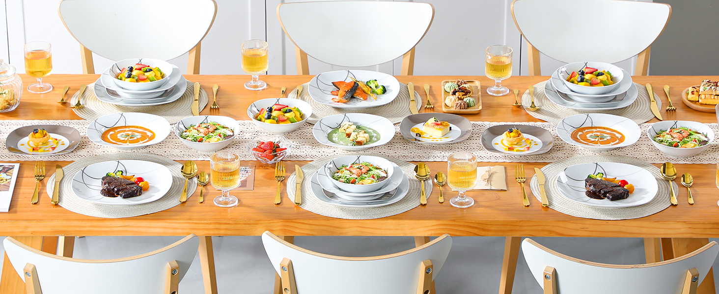 VEWEET Сервіз столовий 'Нікіта' з порцеляни, 24 елементи | Комплект посуду включає миски, десертні тарілки, тарілки для їжі та супові тарілки | Сервіз для 4-12 осіб, 24 елементи