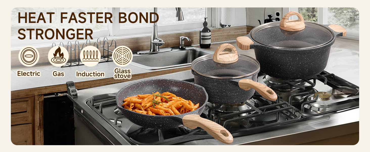 Набір посуду JEETEE 23-елементи: каструлі та сковорідки з антипригарним гранітним покриттям, підходить для всіх плит (індукційних), ідеальний як подарунок на новосілля