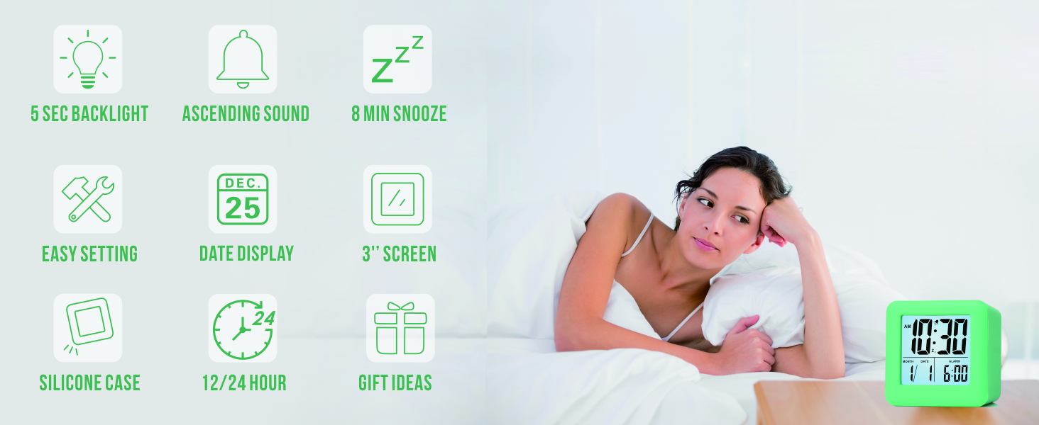 Цифровий туристичний годинник-будильник Plumeet з функцією відкладання, нічним світлом та великим дисплеєм, зеленого кольору
