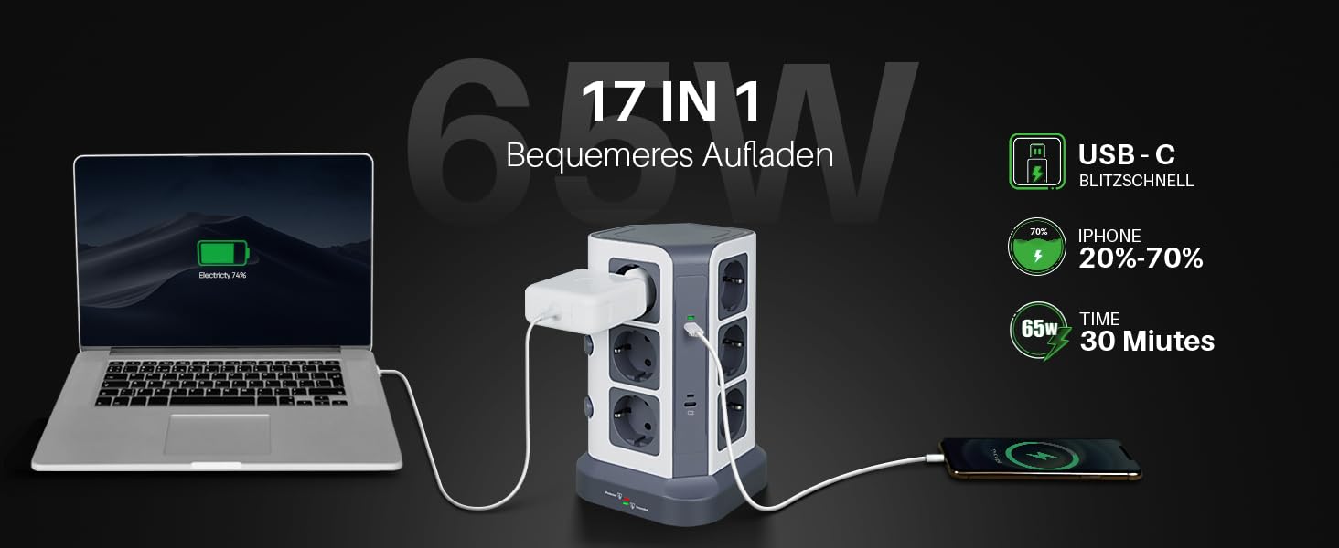 Блок розеток KOOSLA з USB-C, 12 розеток, 3680W/16A, захист від перенапруги (1500J), індивідуальне вмикання, сірий колір, 5м кабель, 65W PD USB-C, 2м