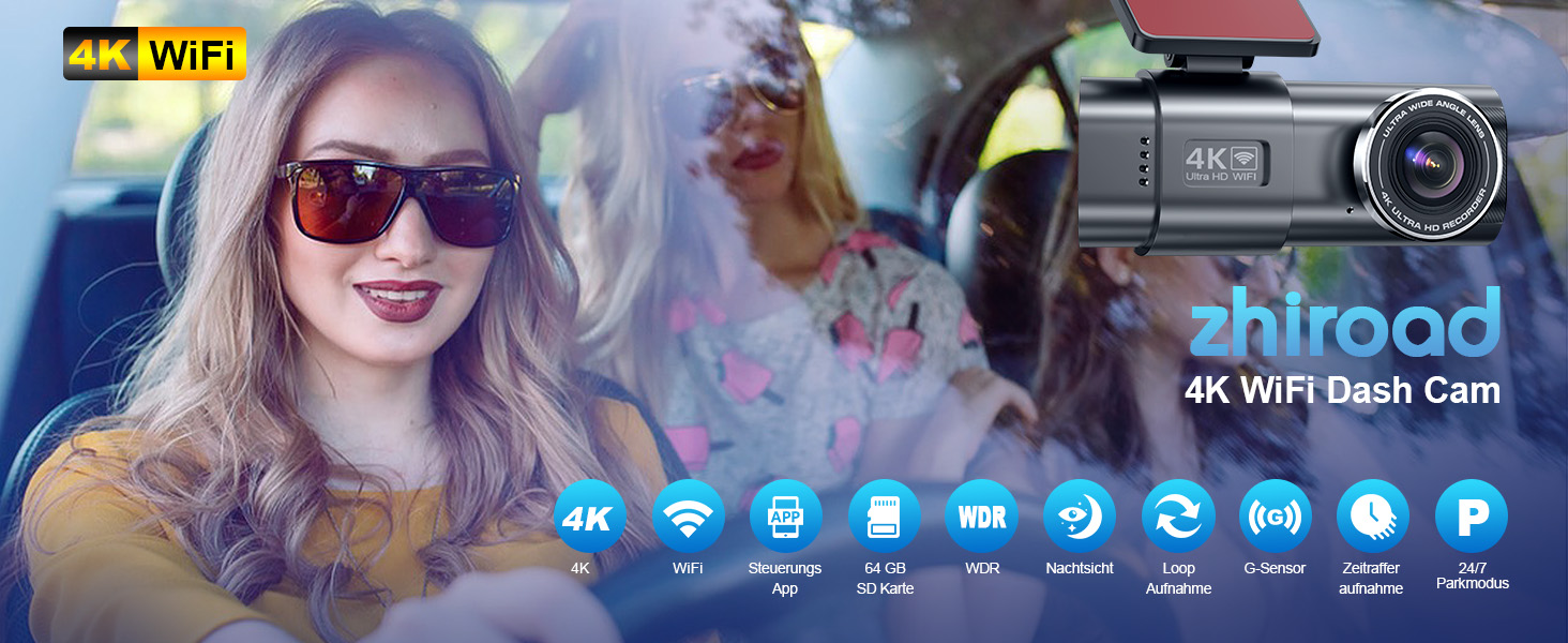 Відеореєстратор 4K WiFi з App-керуванням, 64GB SD-карта, кріплення, IPS 1.47', 170° кут огляду, Нічне бачення, WDR, G-сенсор, циклічна запис, 24/7 паркувальний режим