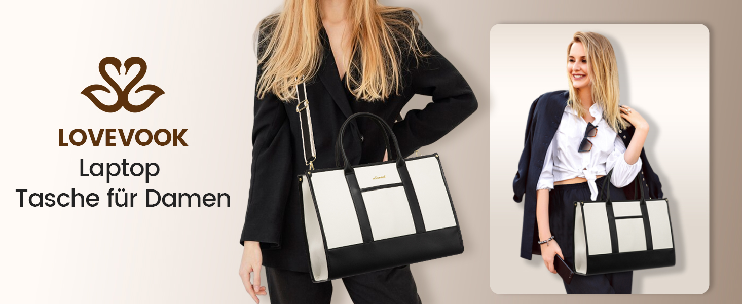 Сумка для ноутбука LOVEVOOK жіноча водонепроникна для роботи, університету (17 дюймів, чорно-бежева). Бізнес-сумка, портфель, сумка для вчителя зі шкіри.