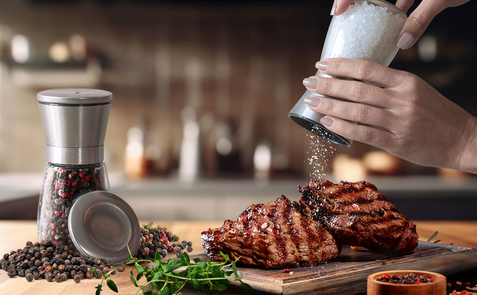 Набір з 2 шт. мельниць для солі та перцю KitchenBoss, регульована ступінь помолу, для великої солі, перцю, чилі (без наповнювача)