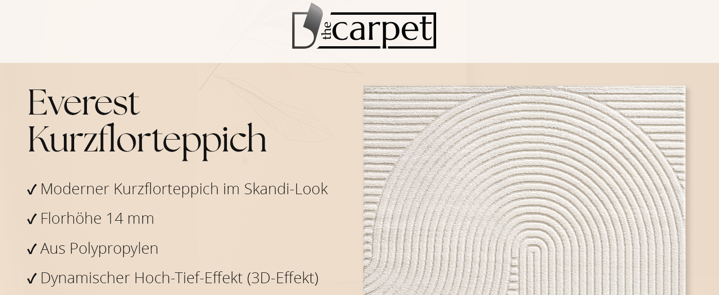 Килим Everest - сучасний коротковорсовий килим для вітальні та спальні з ефектом висоти-глибини, 3D ефект, висока щільність ворсу та приємна м'якість, дизайн Panglao, кремовий, 80 x 150 см