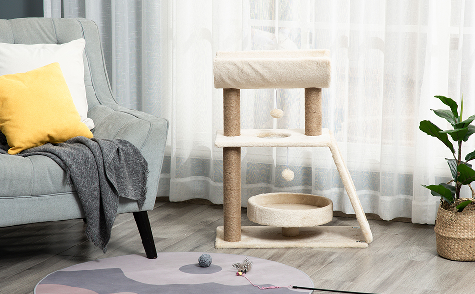Кігтеточка PawHut для котів 76 см з іграшками, лежаком та когтешматкою, багатоповерхова, для середніх котів, світло-коричнева