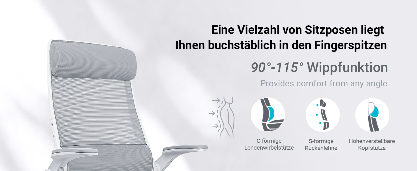 Ергономічне крісло для офісу з регульованою підголовником, сітчасте крісло для столу, відкидні підлокітники, широке сидіння, функція гойдання, комп'ютерне крісло EN 1335, офісне крісло 200 KG, сіре