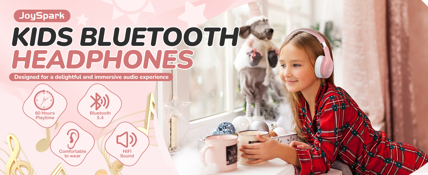 Дитячі Bluetooth навушники JoySpark з мікрофоном, рожеве золото, 60 годин роботи, Bluetooth 5.4, Type-C, обмеження гучності 85/94 дБ