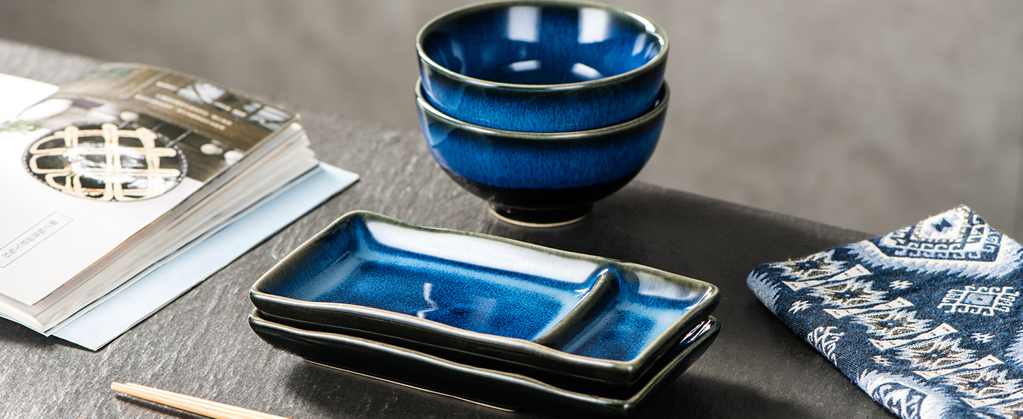 Набір посуду для суші HENXFEN: 2 тарілки, ложки, для місо-супу та ролів, зелений (морський блакитний)