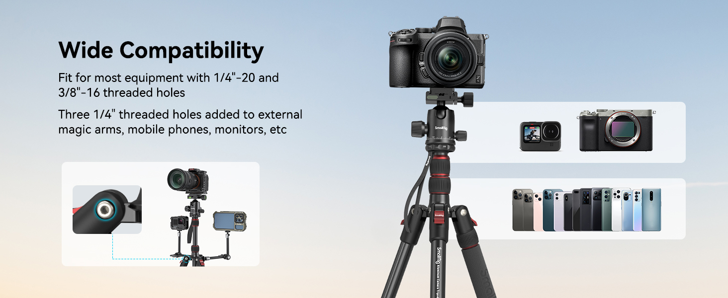 SMALLRIG 71' Штатив для камери, розкладний, з кульковою головкою 360°, швидкознімною платформою та кріпленням для смартфона, вантажопідйомність 15 кг, 180 см - 3935