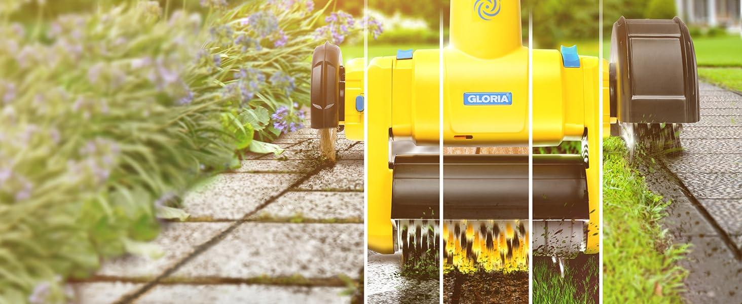 Електрощітка Gloria MultiBrush Speedcontrol — багатофункціональний інструмент для видалення бур'янів, очищення каменю, дерева, швів, підрізки країв газону, аерації та вертикутування, комплект з 2 насадками
