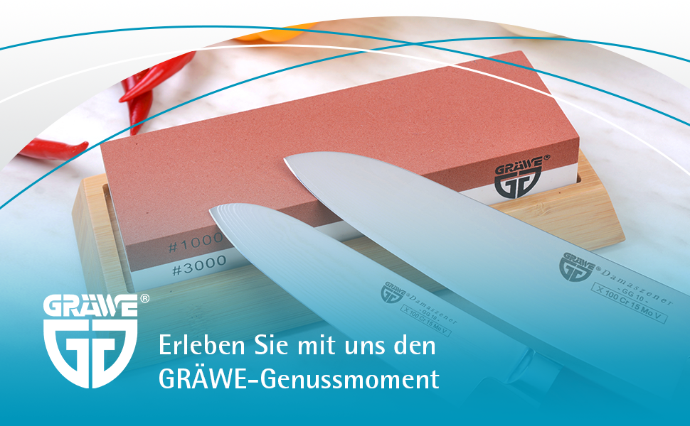 Шліфувальний камінь для кухонних ножів Gräwe Sharphome, кордіт, 1000/3000, з бамбуковою підставкою